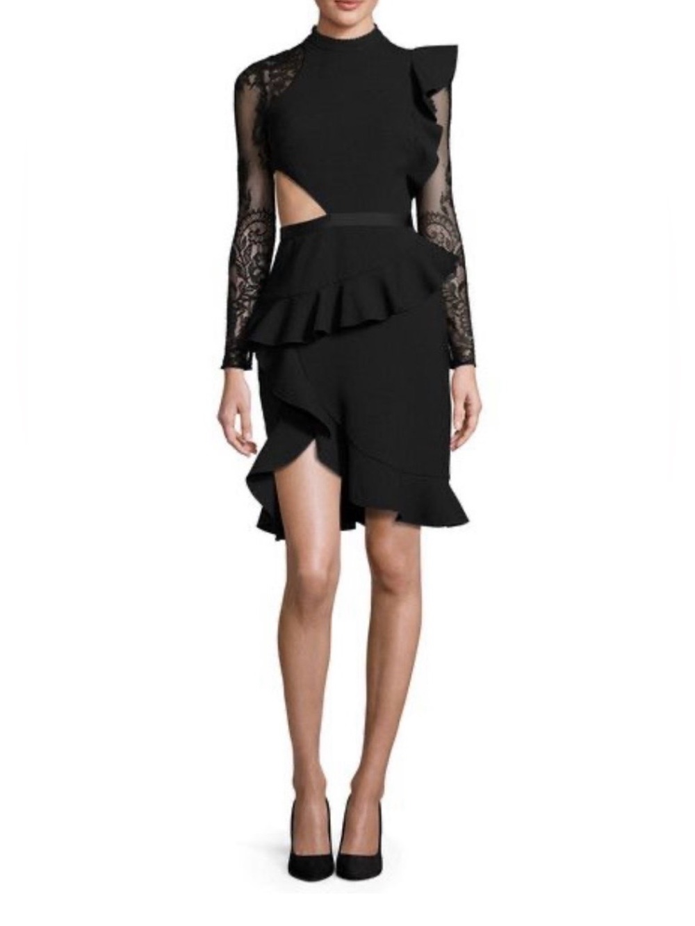 Self Portrait Black Ophelia Lace Long Sleeve Ruffle Cutout Dress